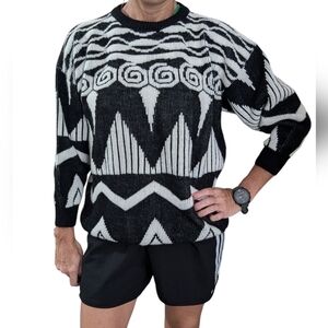 Vintage Adele Knitwear Trap Retro Chunky Black White Abstract Print Sweater Top